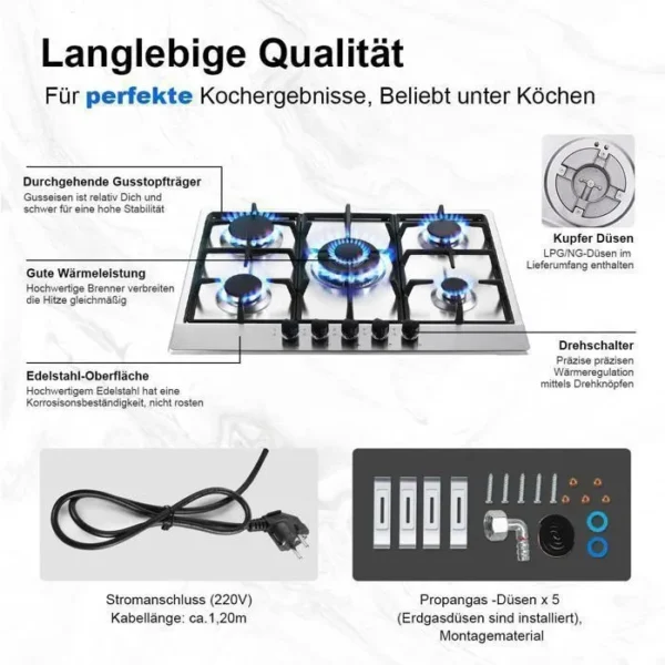 Placa de gas de 5 fuegos 10480 W - Imagen 5